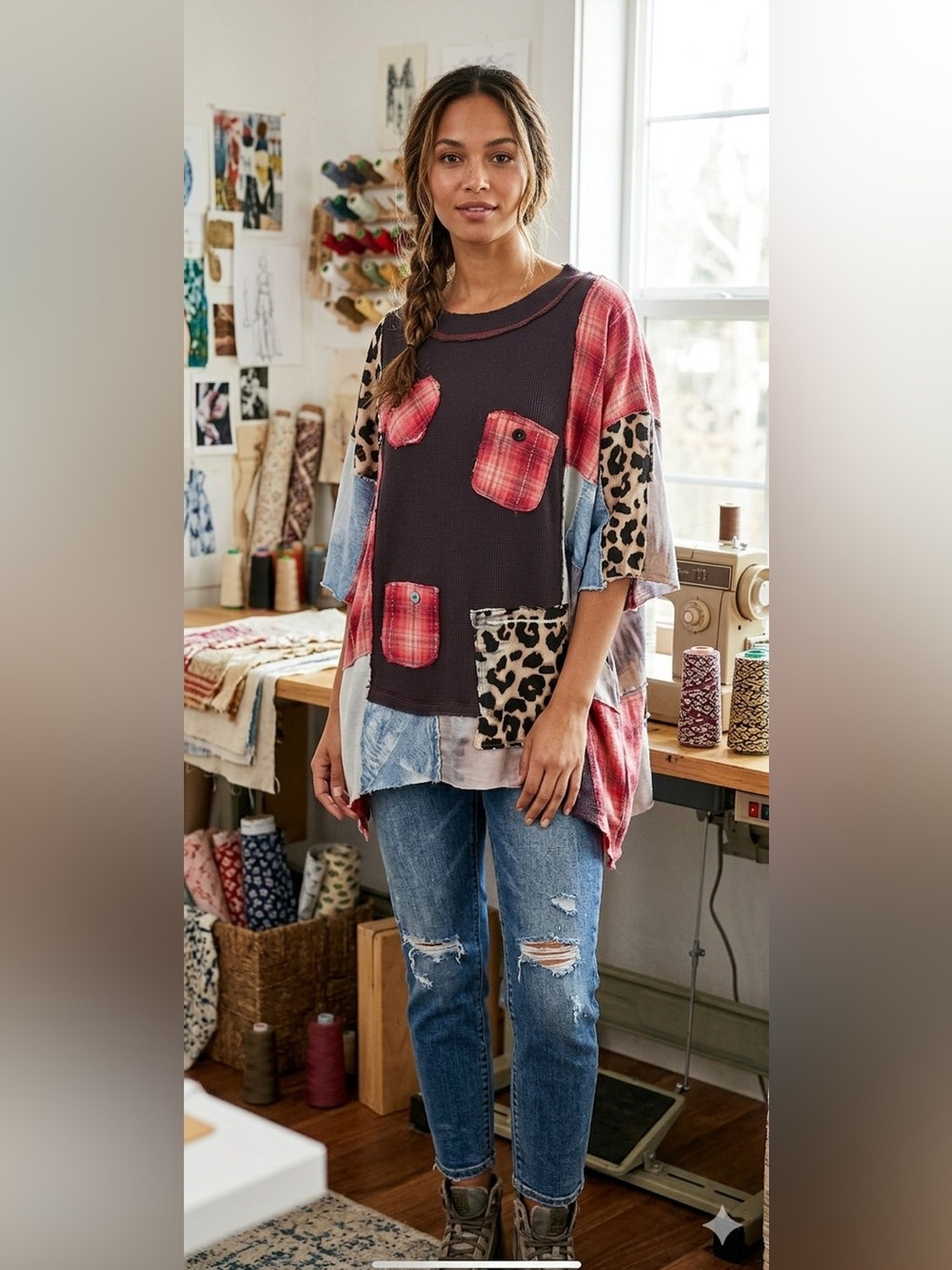 Handmade Boho Patchwork Tunic Bleach Wash Plaid One Size